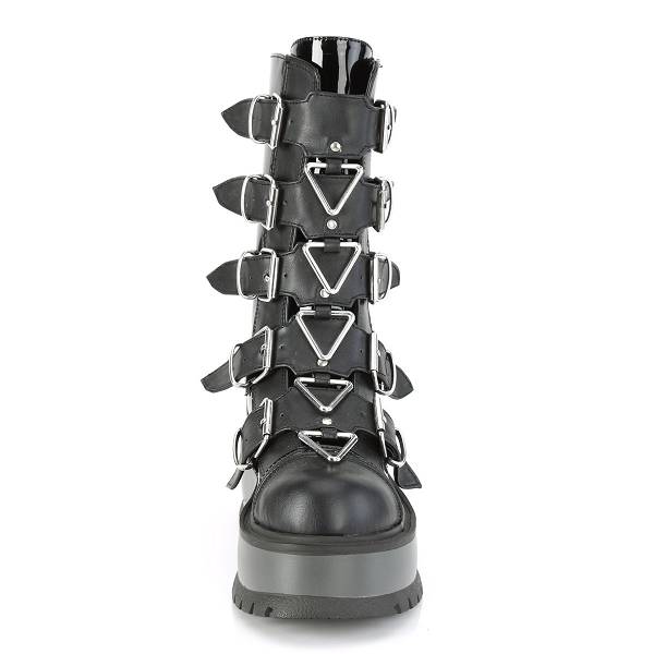 Demonia Women's Slacker-160 Platform Mid Calf Boots - Black Patent/Vegan Leather D7054-38US Clearance
